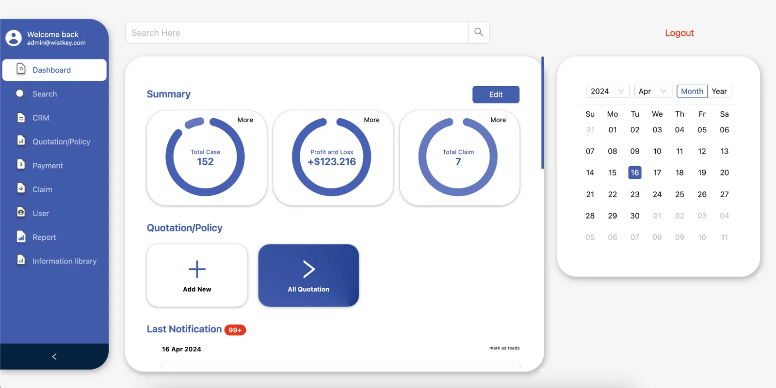 Frontend for an insurance CRM covering quotations and claims