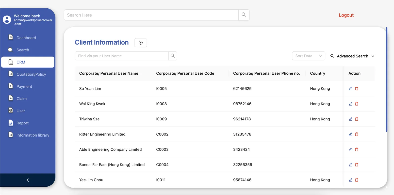 CRM view for quotation and claims management